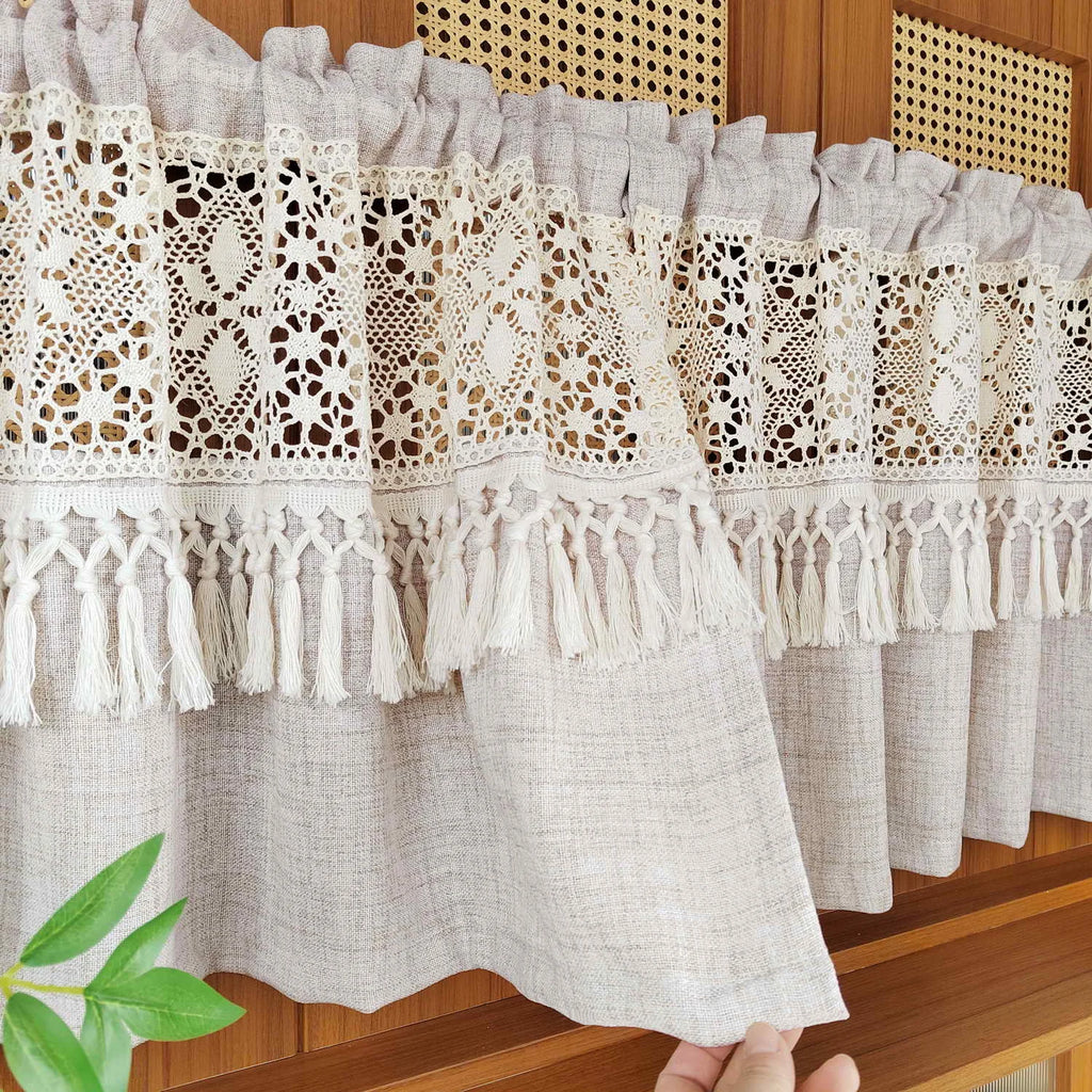🌿🤍 Boho Tassel Café Curtain – Crochet Geometric Semi-Sheer Window Panel