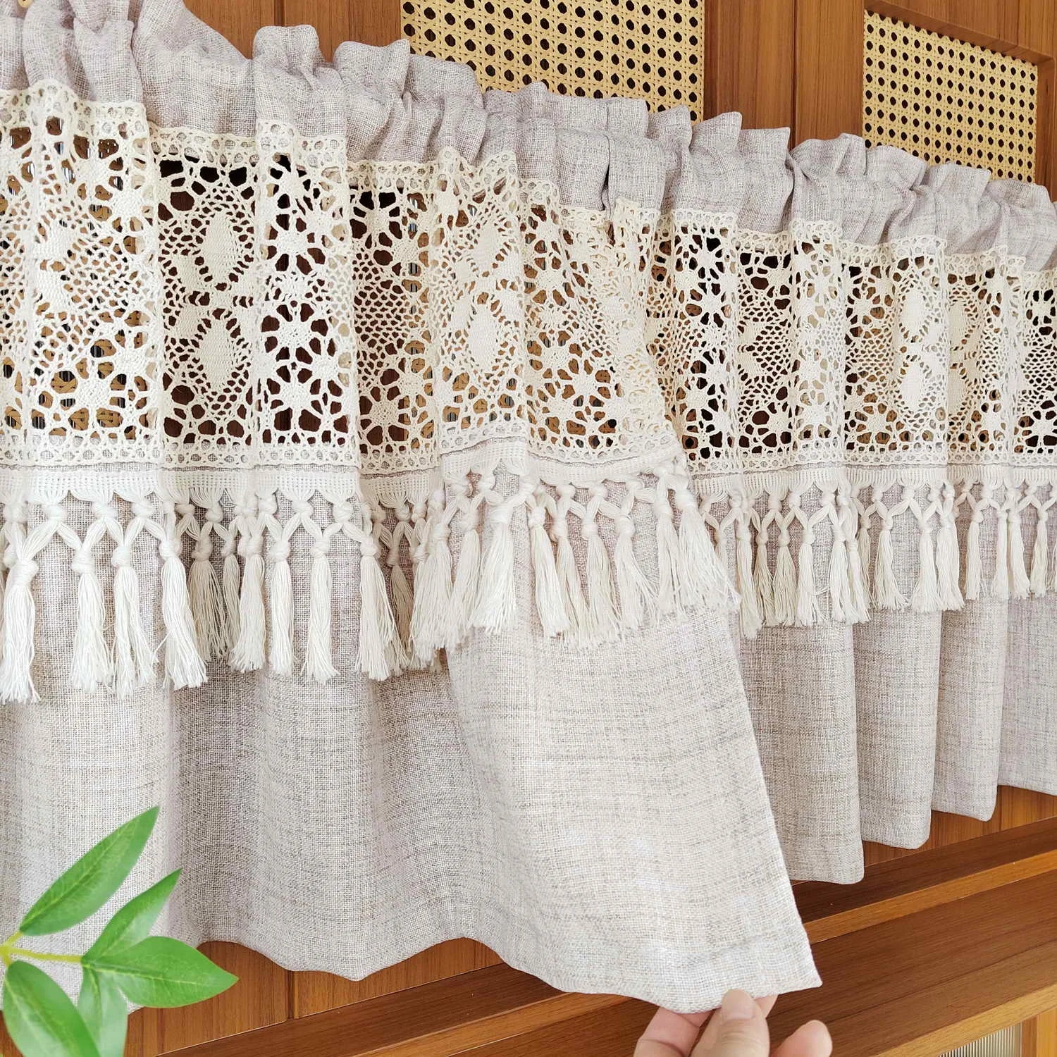 🌿🤍 Boho Tassel Café Curtain – Crochet Geometric Semi-Sheer Window Panel