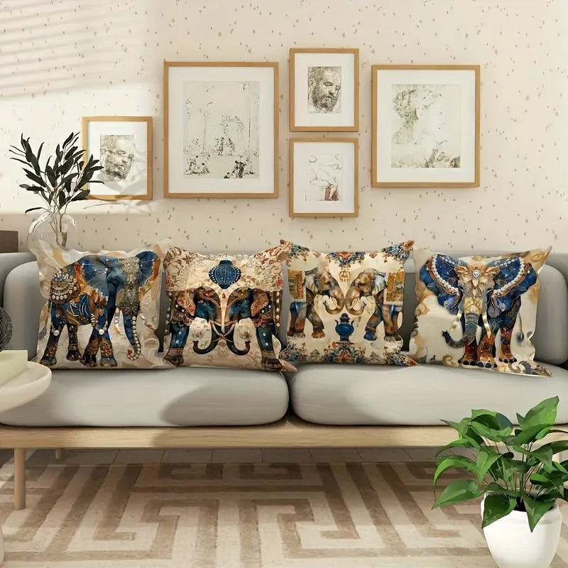 🐘🌿 Boho Elephant Pillow Cover Set – Floral Decorative Throw Cushions (Set of 4)