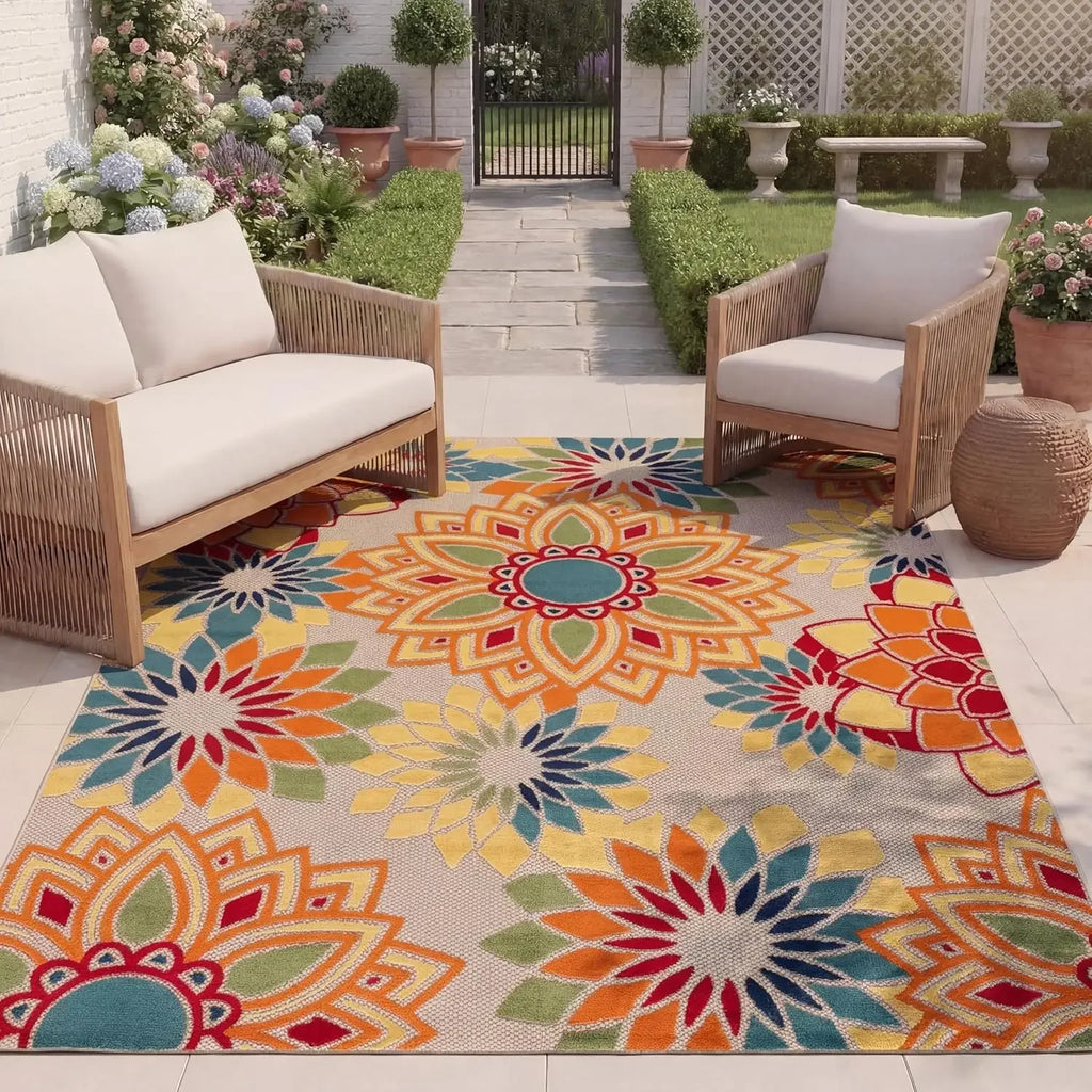 🌿🧡 Boho Cabana Outdoor Area Rug – Washable Patio & Indoor Accent Carpet