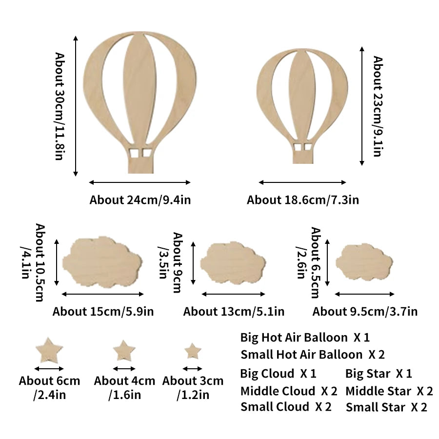 ☁️🎈 Wooden Hot Air Balloon Wall Décor Set – Nursery & Kids Room Wall Art (13 Pieces)