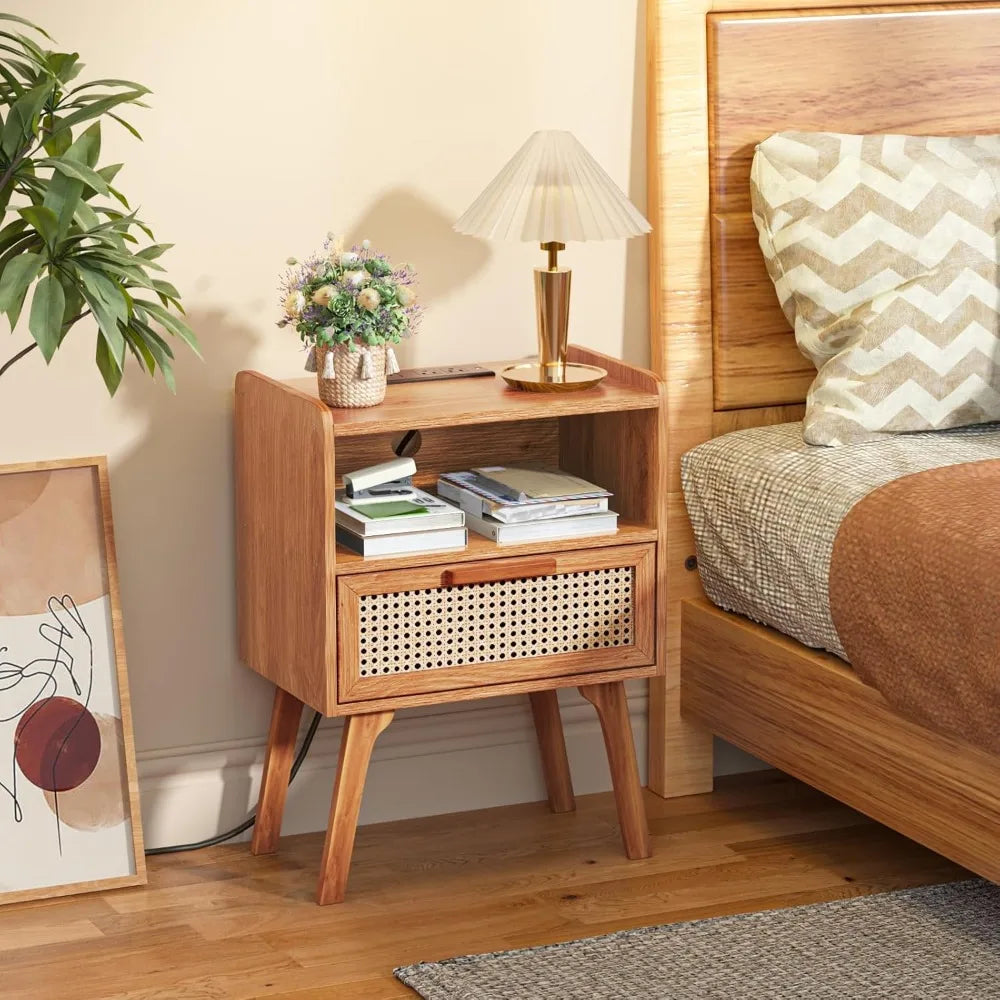 Natural Rattan Bedside Table Set with Charging Station