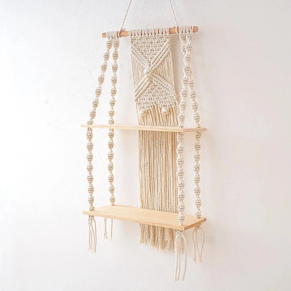 🌿🧺 Boho Macramé Wall Shelf – Handwoven Hanging Wooden Display Shelf