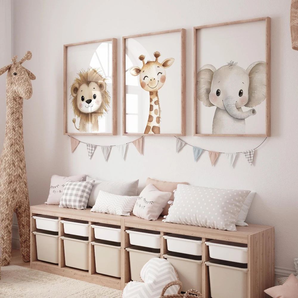 🦁🦒🐘🤍 Boho Safari Animal Nursery Wall Art – Watercolor Canvas Print Set (Set of 3)