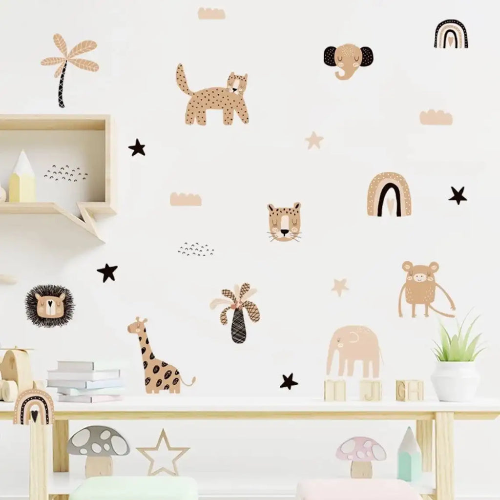🌈⭐🐻 Boho Rainbow & Woodland Friends Wall Decals – Watercolor Nursery Wall Art