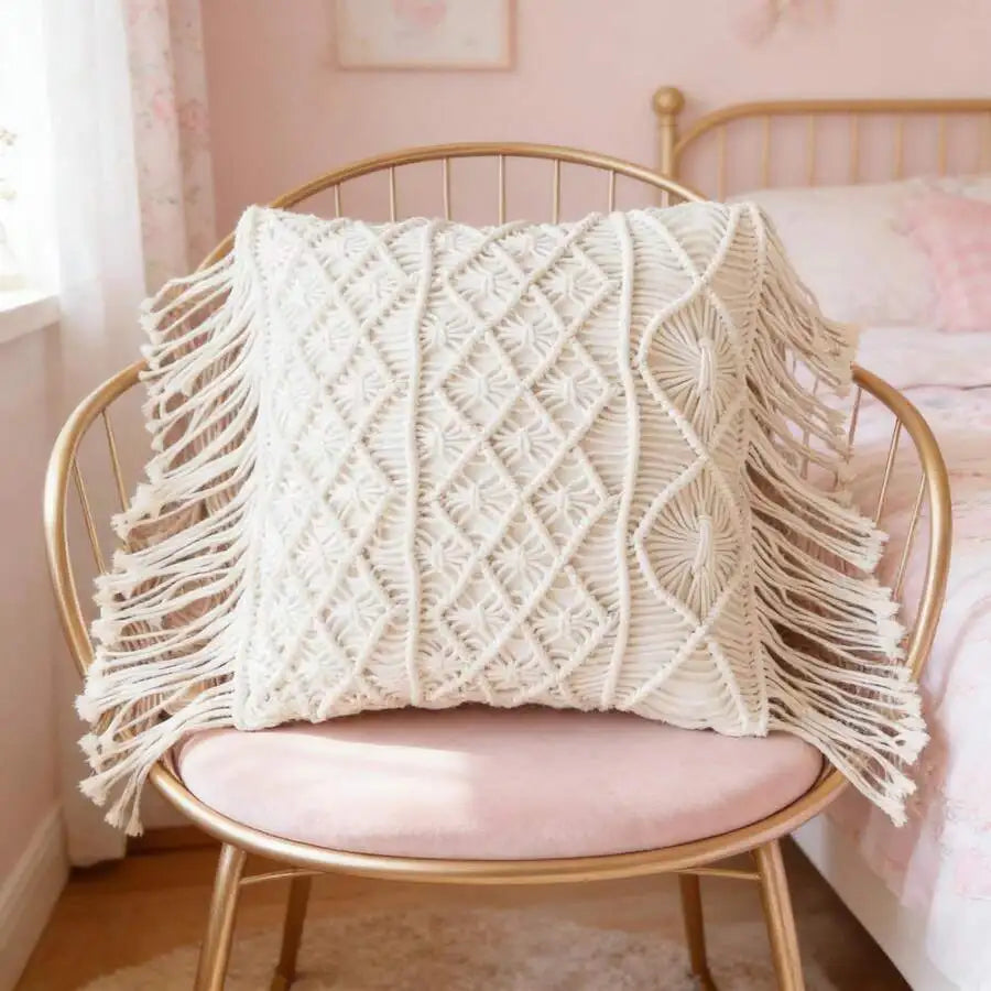 🌿🤍 Handwoven Macramé Tassel Pillow Cover – Boho Decorative Cushion