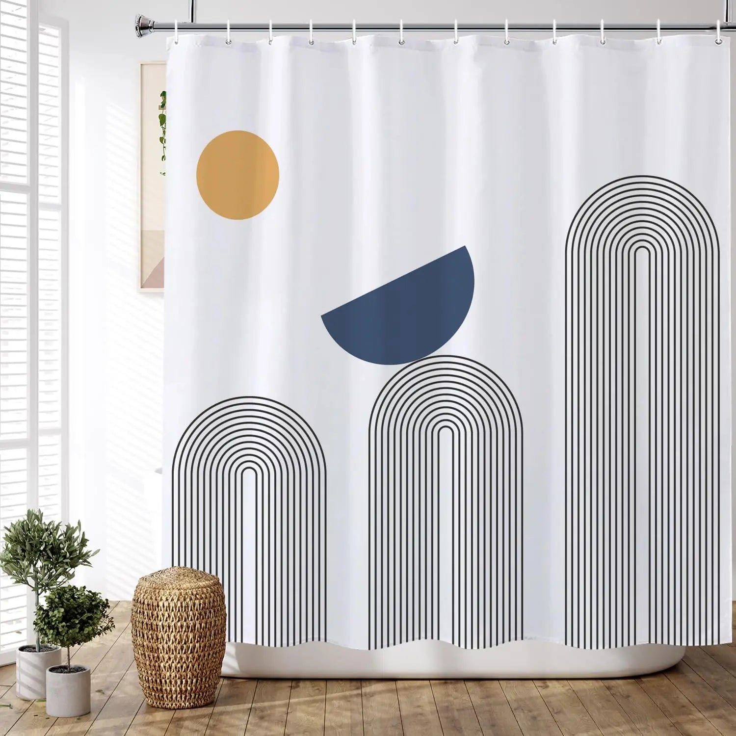 🚿🌿 Mid-Century Boho Geometric Shower Curtain – Waterproof Bathroom Décor