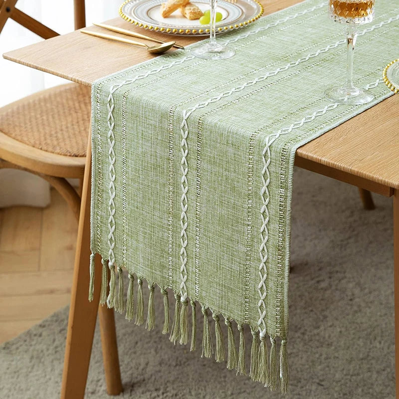 🌿🤍 Boho Table Runner – Rustic Braided Cotton Linen with Tassels