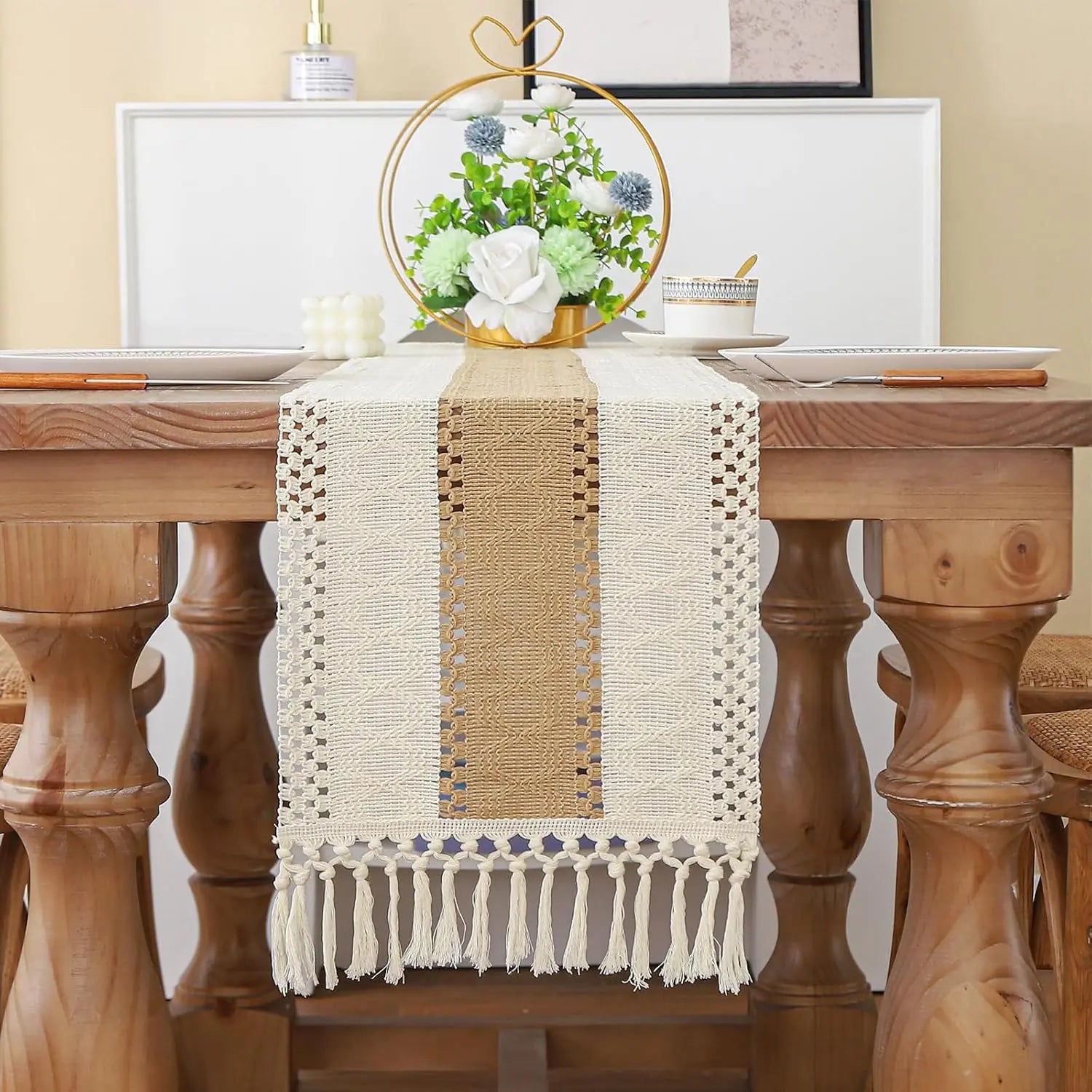 🌿🤍 Boho Linen Table Runner – Rustic Macramé Tassel Dining Table Linen
