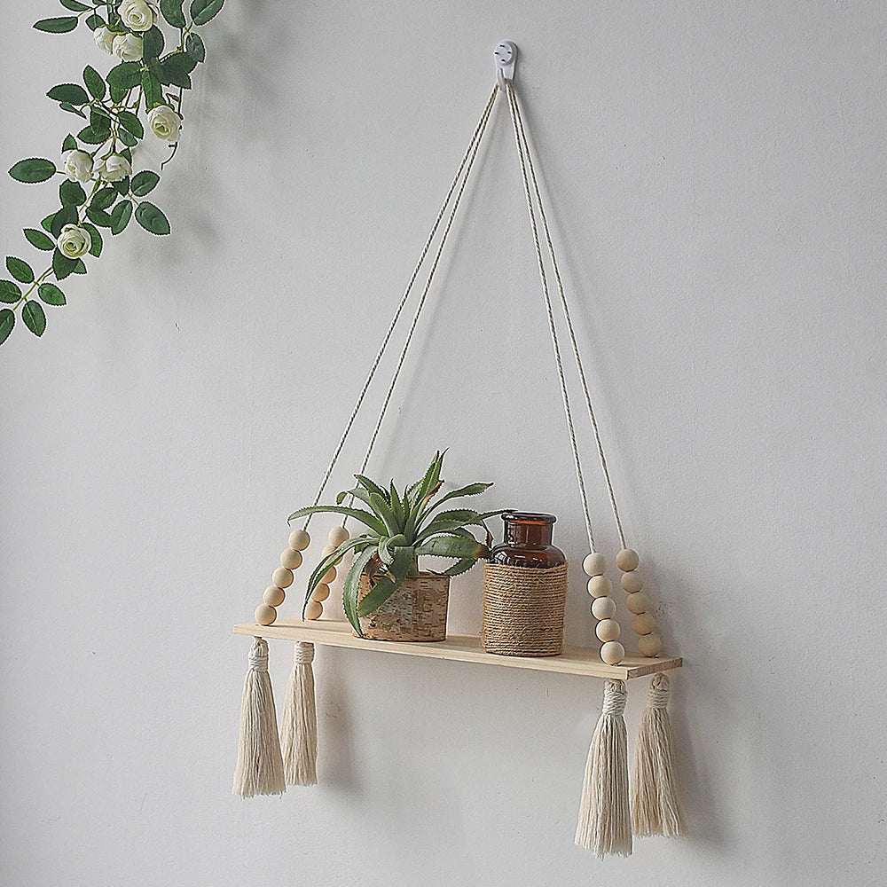 🌿🧺 Boho Macramé Floating Wall Shelf – Handwoven Wooden Hanging Display Shelf