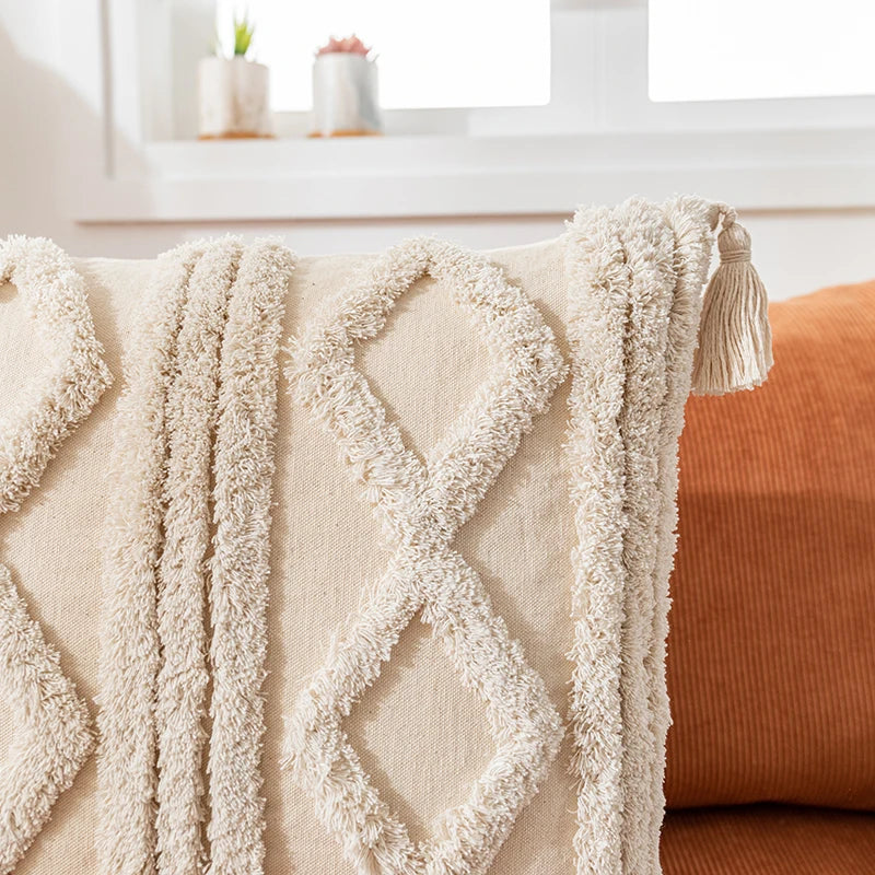 🌿🤍 Boho Cotton Tassel Pillow Cover – Natural Decorative Throw Cushion