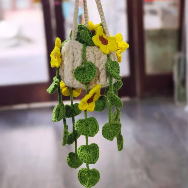🍓🌸🤍 Boho Strawberry Blossom Car Charm – Handwoven Rearview Mirror Hanging Décor