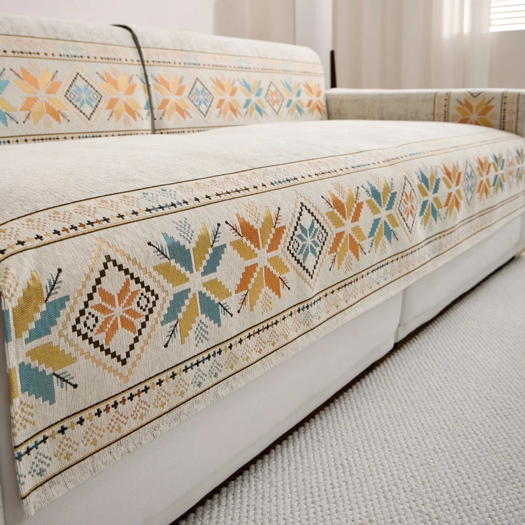 🛋️🌿🤍 Boho Jacquard Chenille Sofa Cover – All-Season Couch Throw & Furniture Protector
