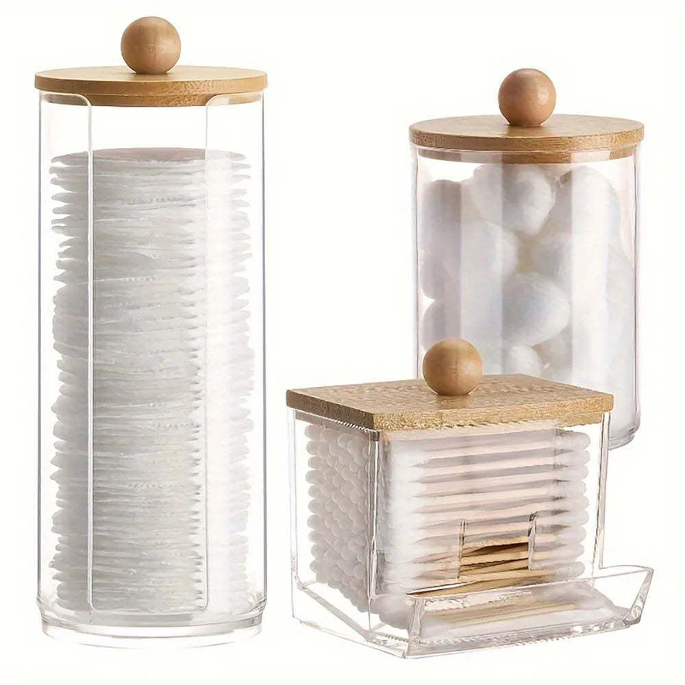 🤍 Bathroom Apothecary Storage Set – Cotton Ball & Swab Organizer (3-Piece Set)