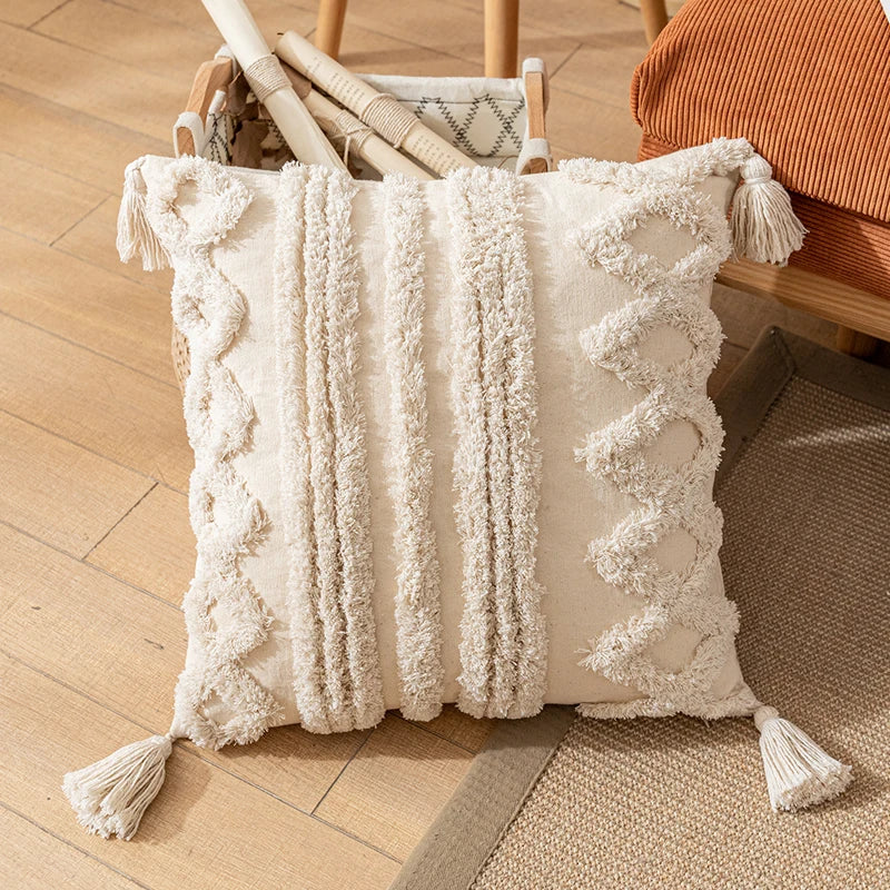 🌿🤍 Boho Cotton Tassel Pillow Cover – Natural Decorative Throw Cushion