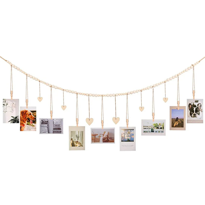 📸🌿🤍 Boho Wooden Bead Photo Garland – Hanging Wall Display with Photo Clips
