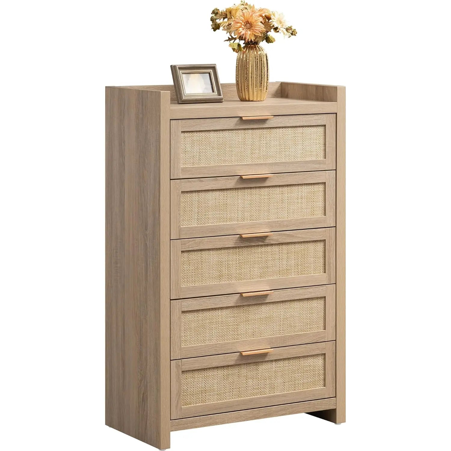 🌿🤍 Boho Rattan 5-Drawer Dresser – Farmhouse Bedroom Storage Chest