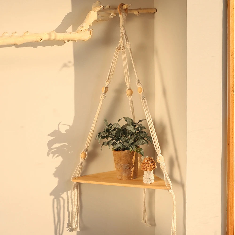 🌿🪵🤍 Boho Floating Corner Wall Shelf – Wooden Triangle Display Shelf