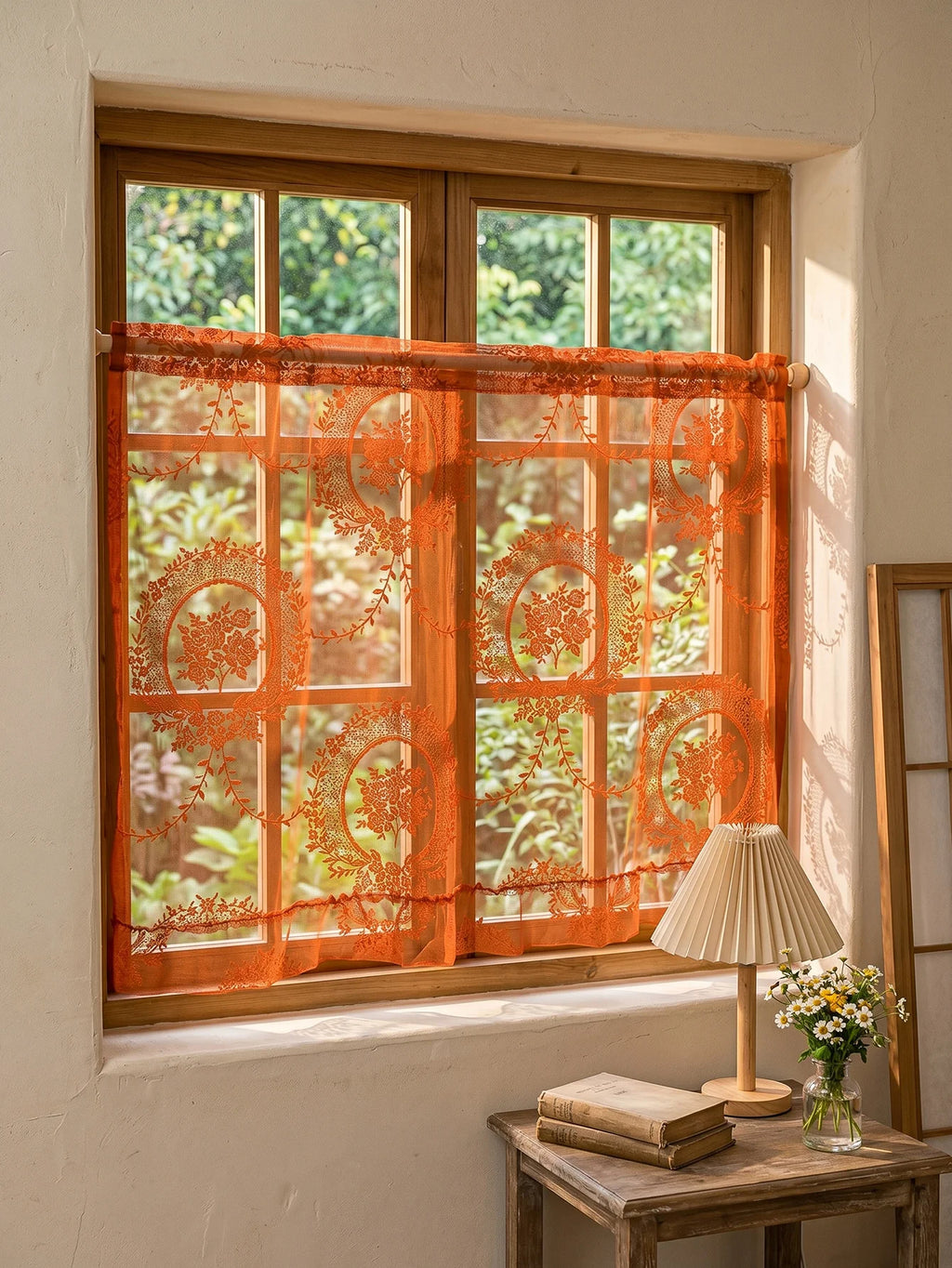 🌿🧡 Boho Floral Lace Valance Curtain – Semi-Sheer Light Filtering Window Treatment