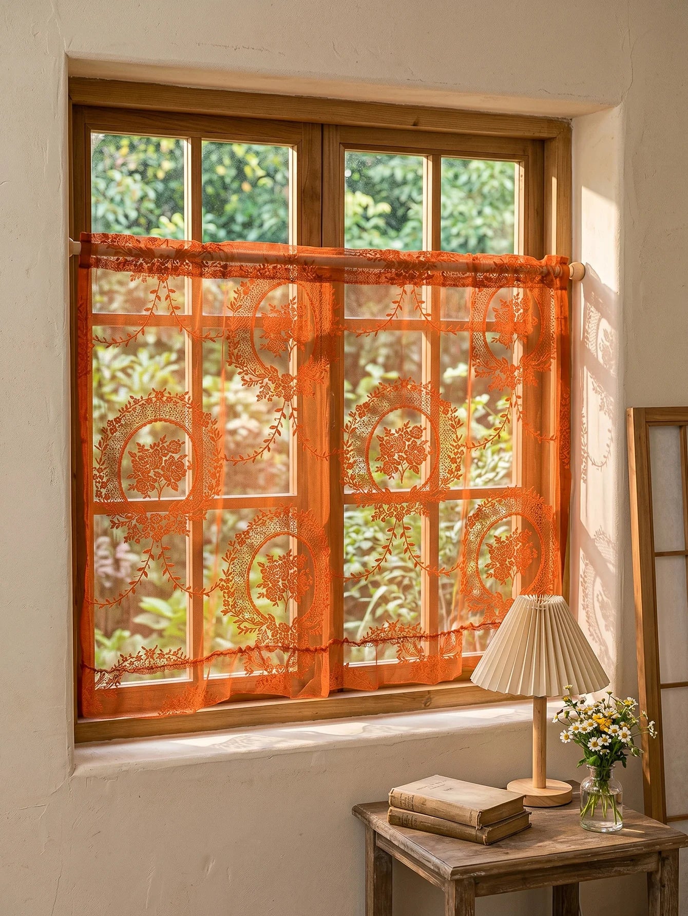🌿🧡 Boho Floral Lace Valance Curtain – Semi-Sheer Light Filtering Window Treatment