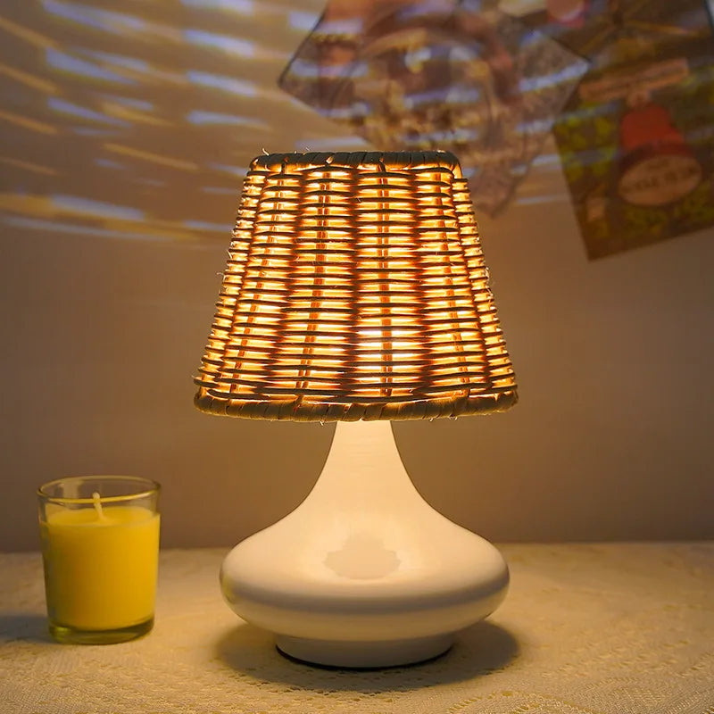 🌿✨ Boho Bamboo Table Lamp – Handwoven USB Dimmable Bedside Light