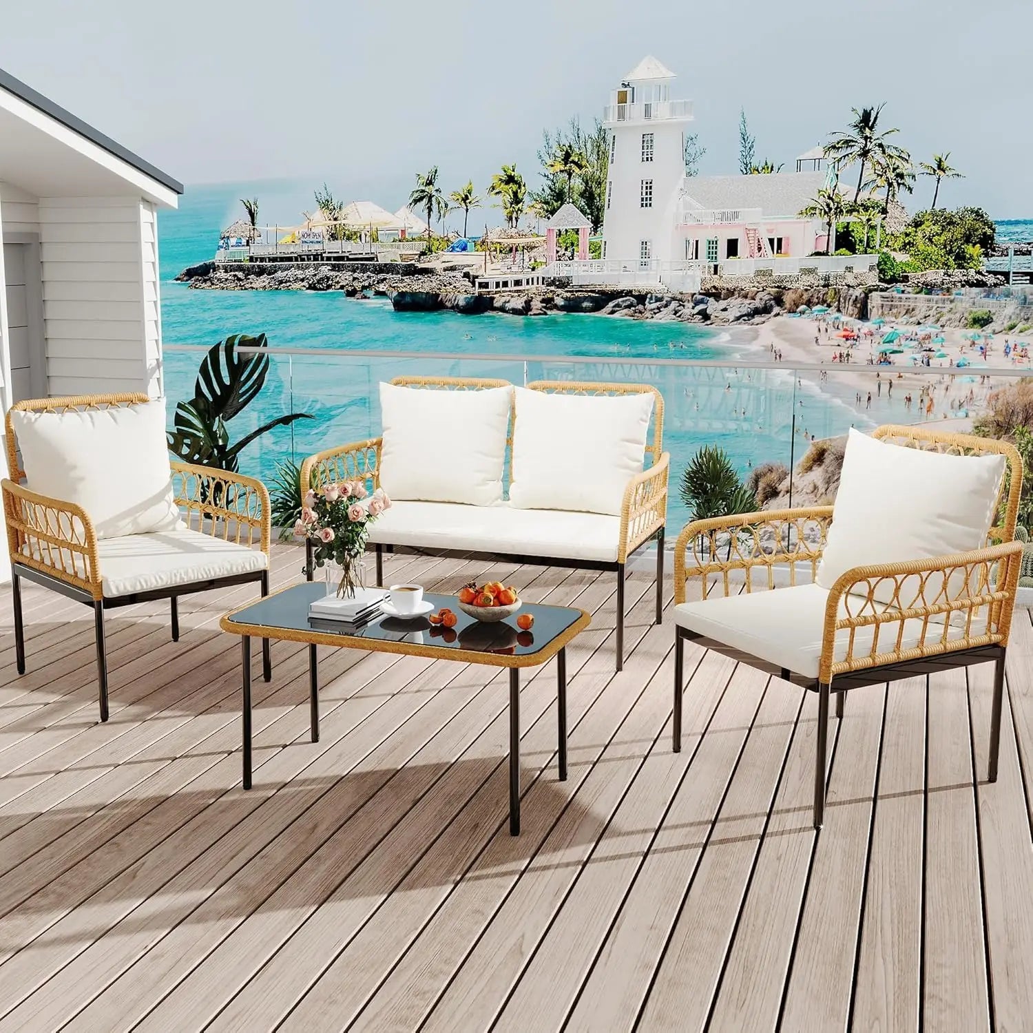 Boho Wicker Patio Conversation Set – 4-Piece All-Weather Outdoor Furniture Collection