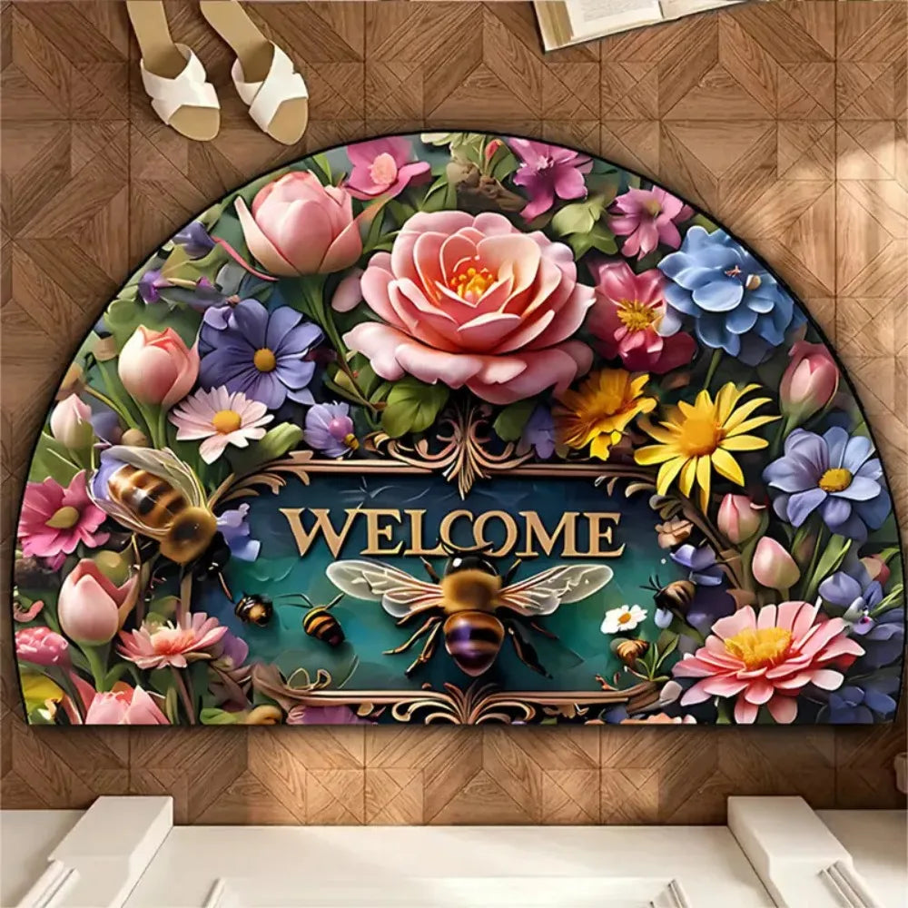 🌸🤍 Boho Half-Moon Doormat – Washable Non-Slip Entryway Rug