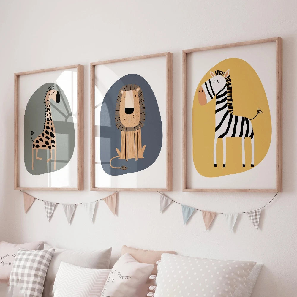 🦁🦒🐘🤍 Boho Safari Animal Nursery Wall Art – Watercolor Canvas Print Set (Set of 3)
