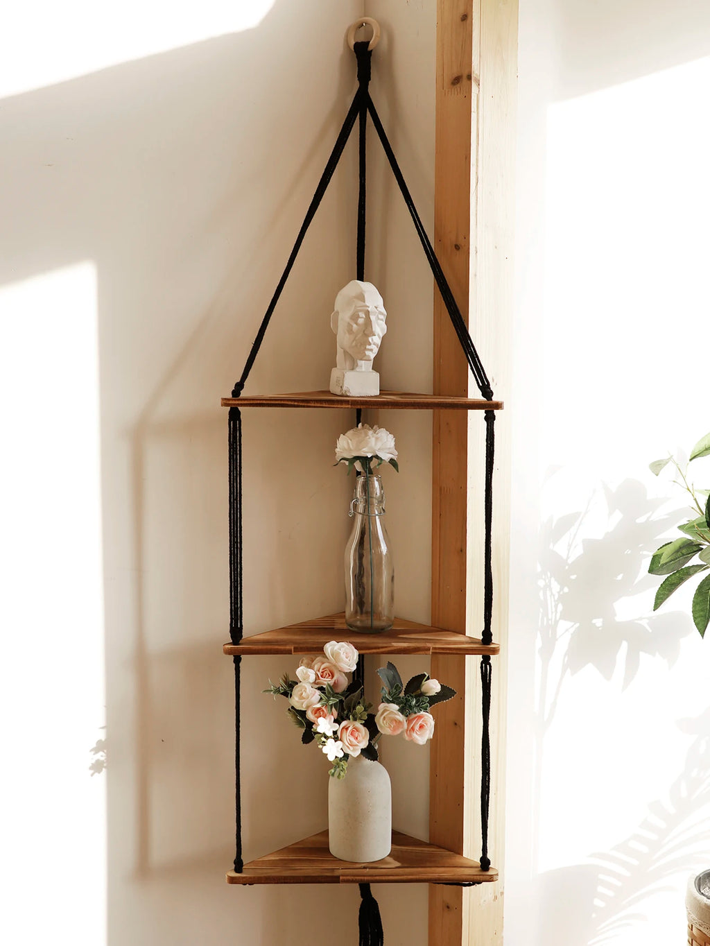 🌿🪵🤍 Boho Floating Corner Wall Shelf – Wooden Triangle Display Shelf