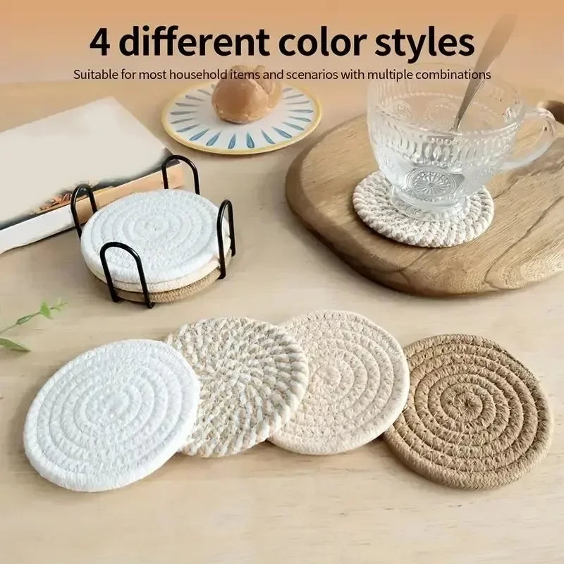 ☕🌿🤍 Boho Woven Cotton Coasters – Absorbent Drink Coasters (Set of 8)