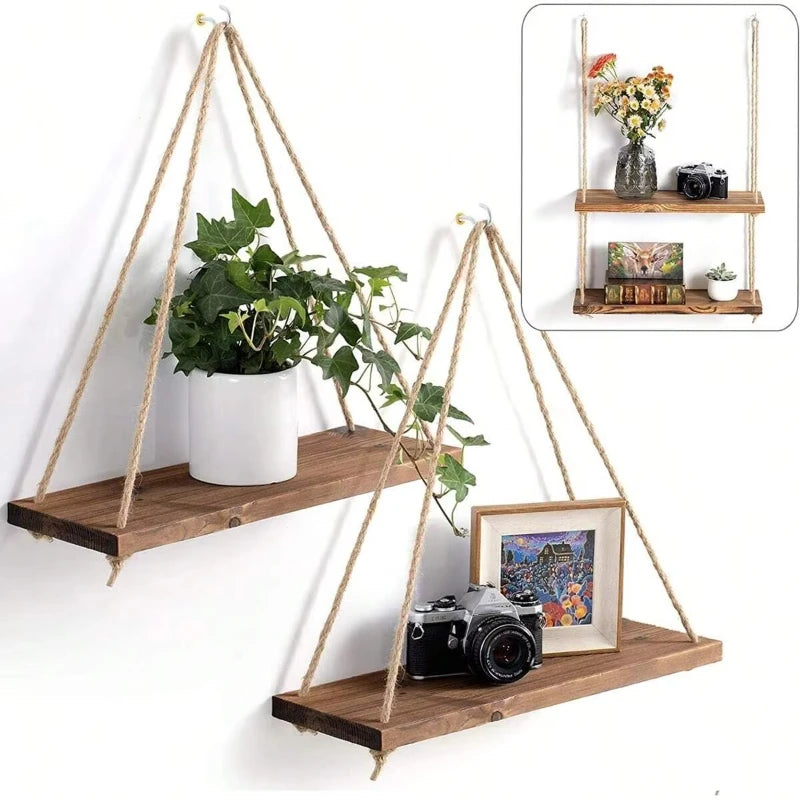🌿 Boho Hanging Rope Shelf – Floating Wooden Wall Shelf for Plants & Home Décor