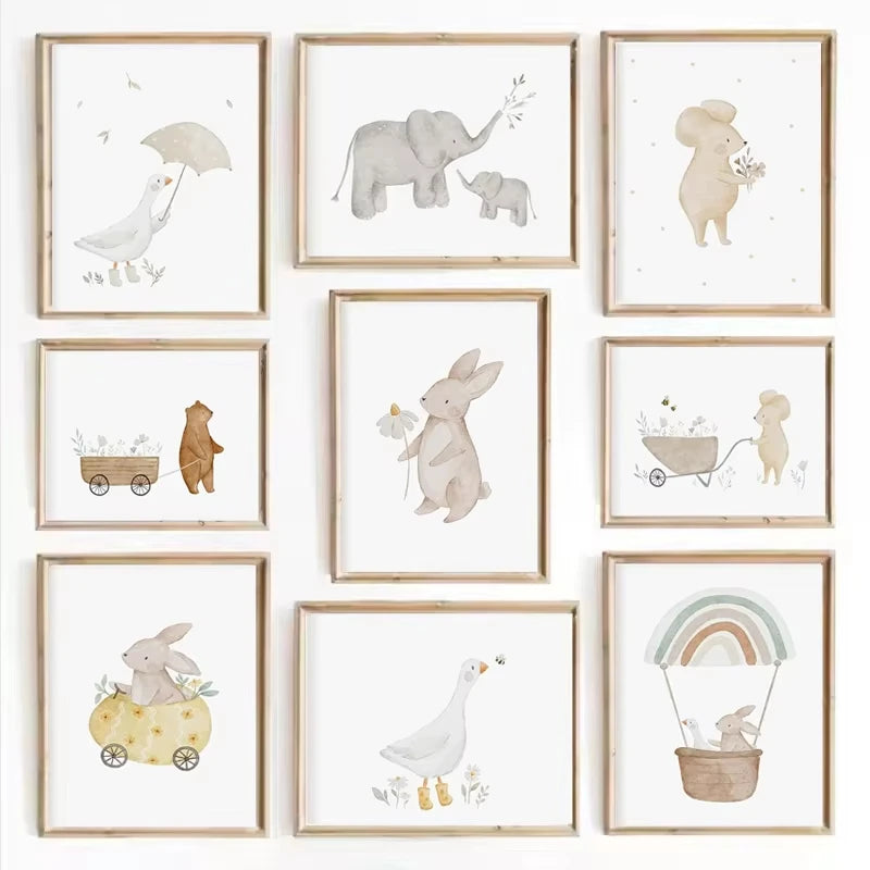 🐰🐻🐝🌸 Boho Friends Wall Art –  Animal Nursery Canvas Print