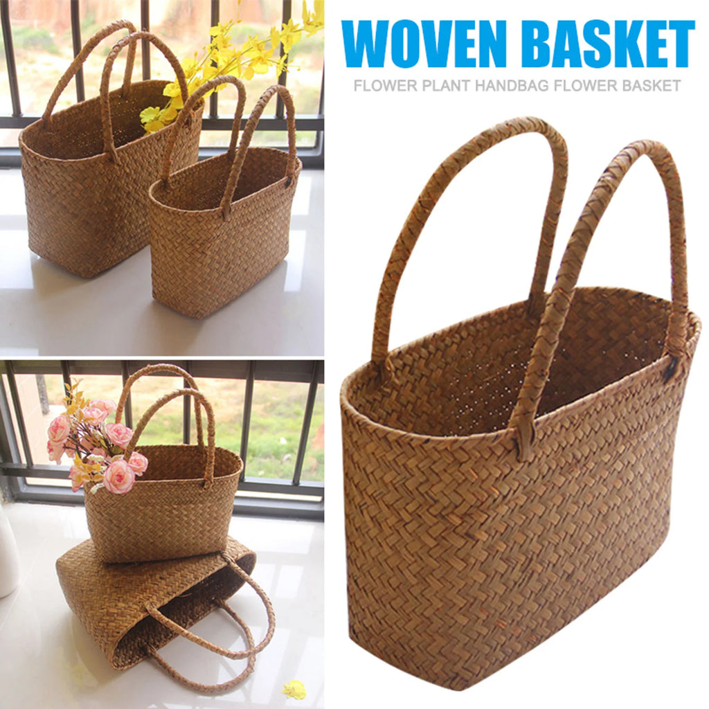 🌿🧺🤍 Boho Handwoven Seagrass Basket – Natural Flower Basket & Beach Tote
