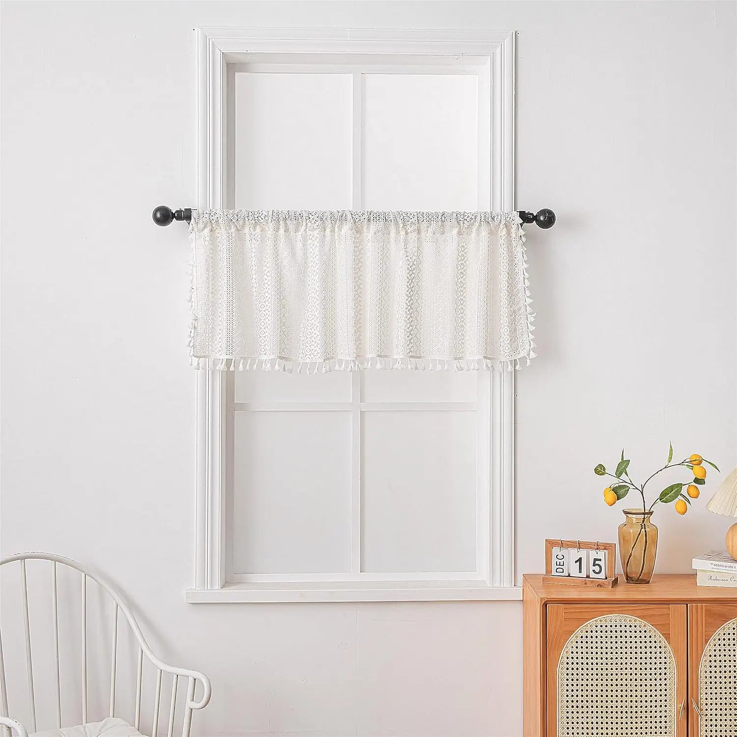 🌿🤍 Boho Lace Café Curtain – Tassel Short Window Curtain with Circular Pattern