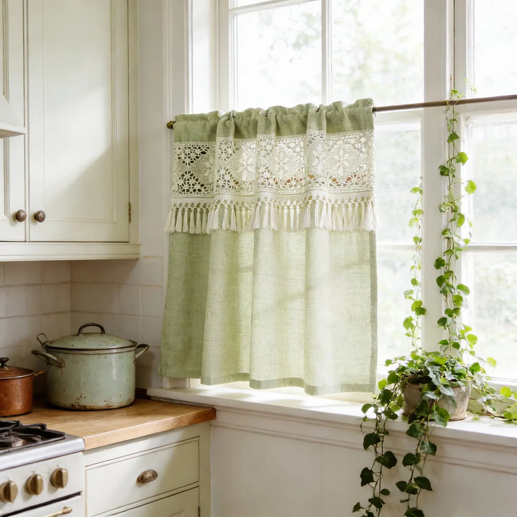 🌿🤍 Boho Tassel Café Curtain – Crochet Geometric Semi-Sheer Window Panel