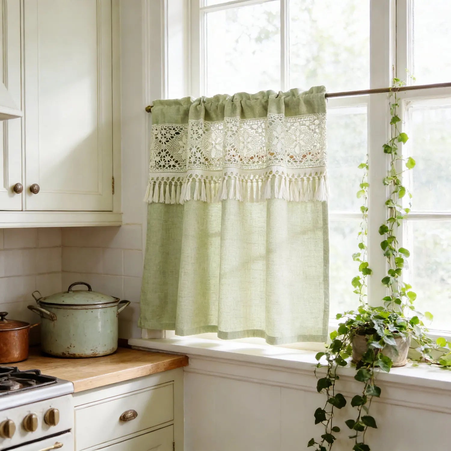 🌿🤍 Boho Tassel Café Curtain – Crochet Geometric Semi-Sheer Window Panel
