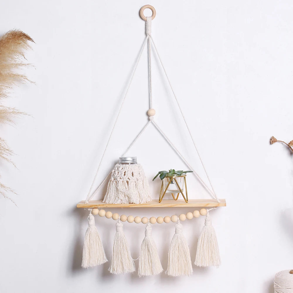 🌿🧺 Boho Macramé Floating Wall Shelf – Handwoven Wooden Hanging Display Shelf