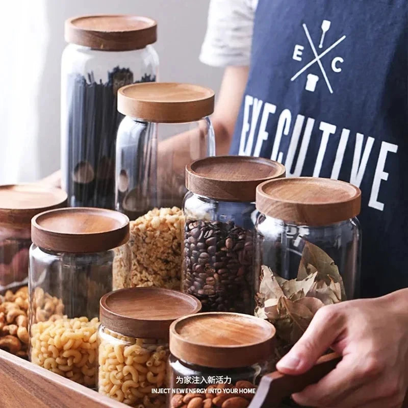 🌿 Airtight Glass Pantry Canister with Wooden Lid – Kitchen Storage Jar