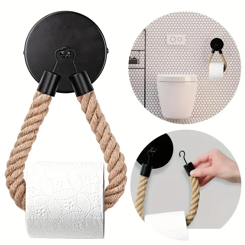 🧻🌿 Rustic Rope Toilet Paper Holder – Wall-Mounted Farmhouse Bathroom Organizer