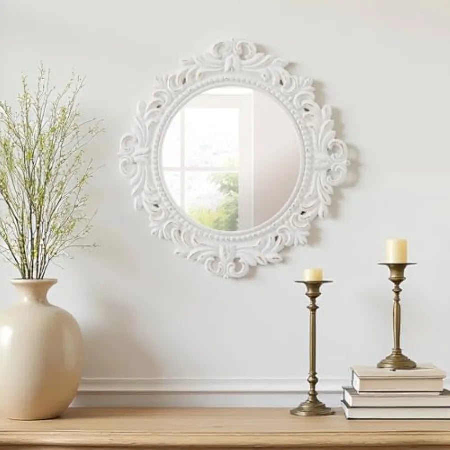 Vintage White Fleur-De-Lis Wall Mirror – Distressed Round Wood Accent Mirror