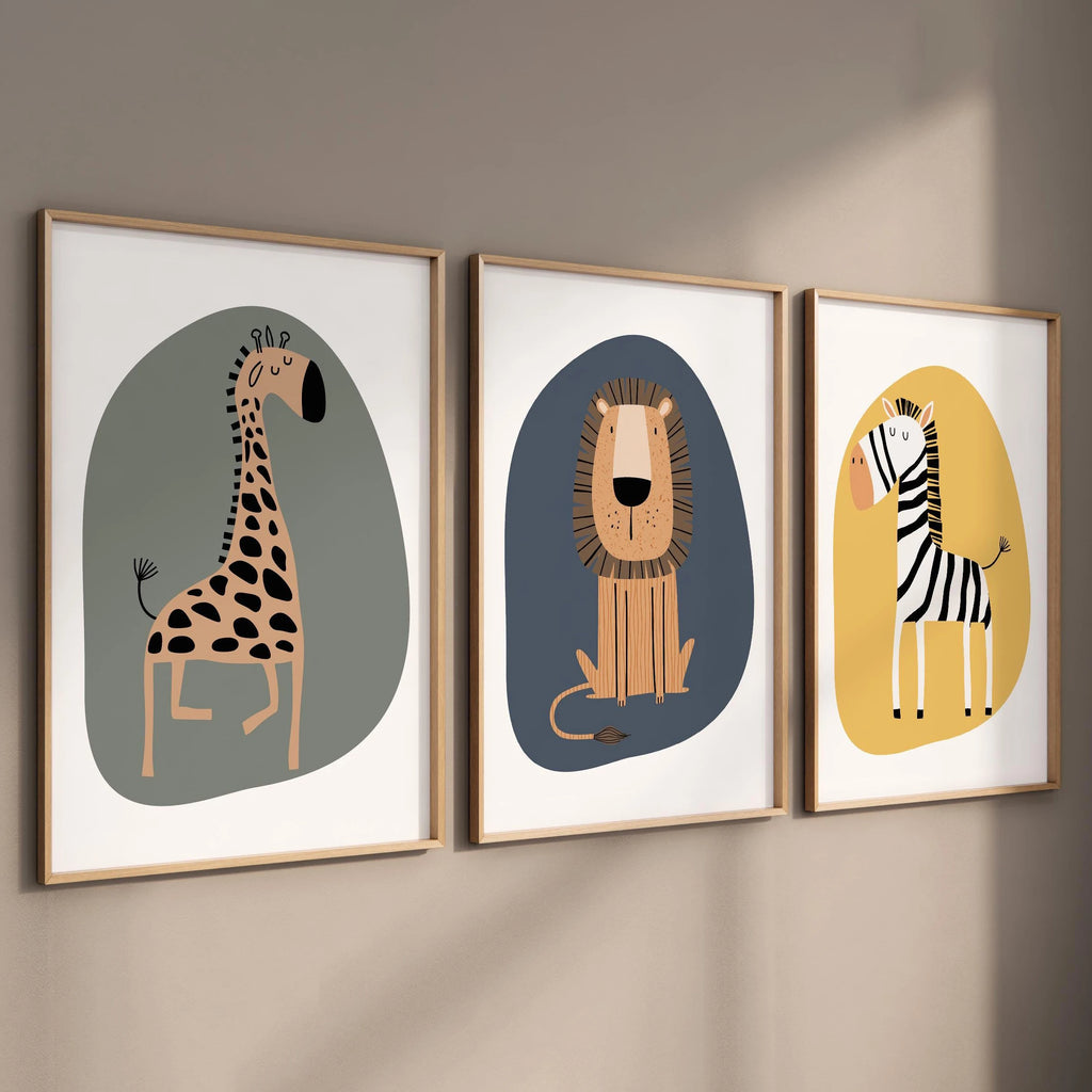 🦁🦒🐘🤍 Boho Safari Animal Nursery Wall Art – Watercolor Canvas Print Set (Set of 3)
