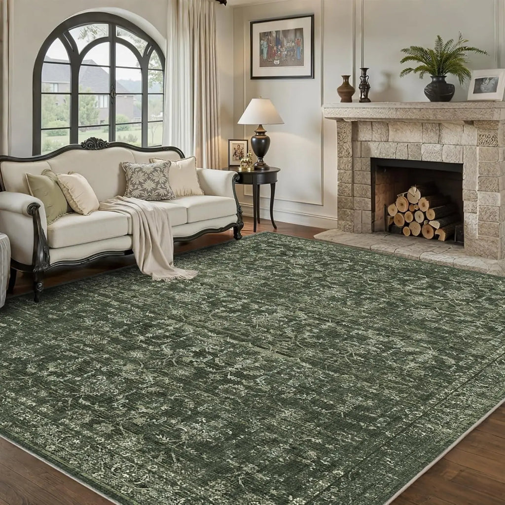 💚🌿 Vintage Floral Area Rug – Washable Green Boho Accent Carpet
