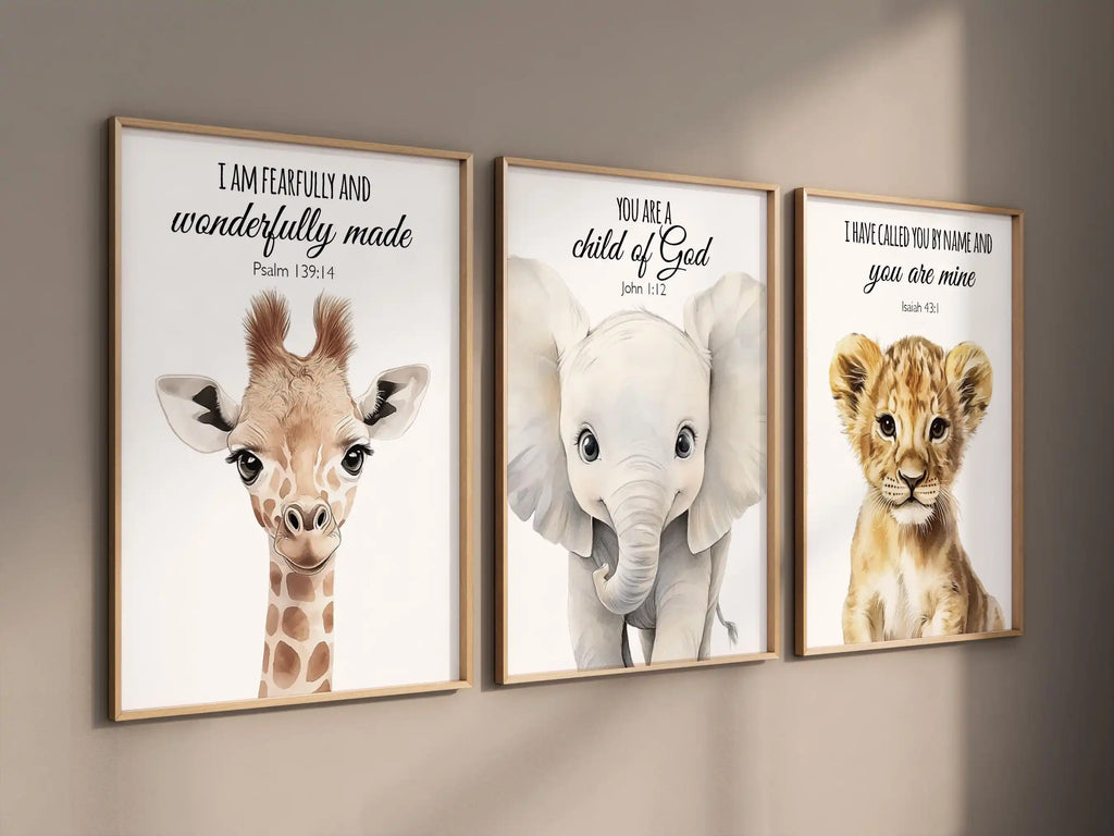 🦁🦒🐘🤍 Boho Safari Animal Nursery Wall Art – Watercolor Canvas Print Set (Set of 3)