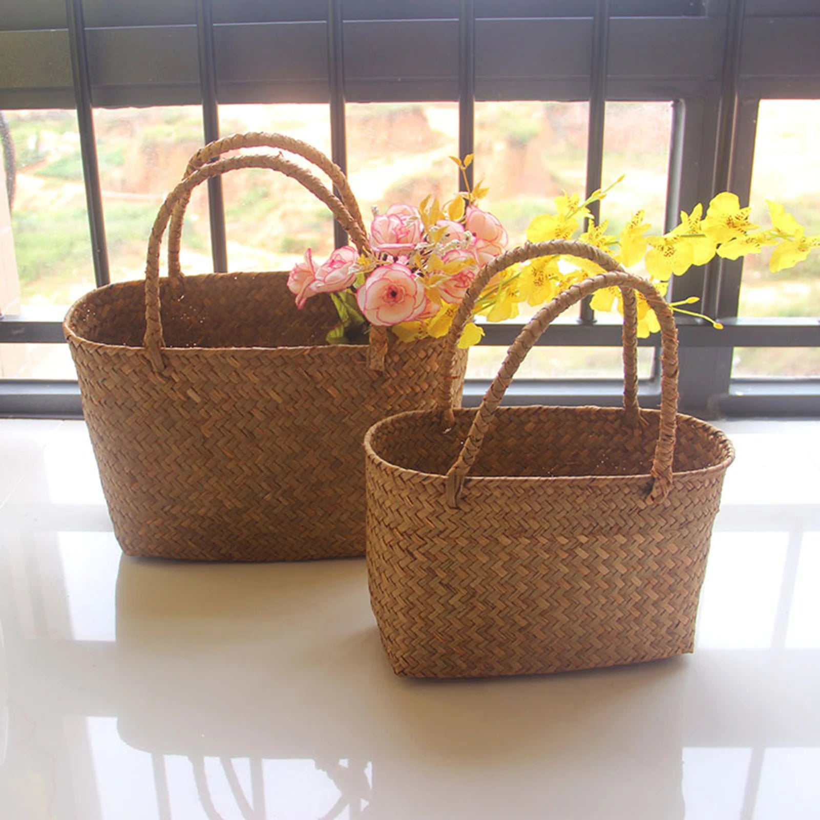 🌿🧺🤍 Boho Handwoven Seagrass Basket – Natural Flower Basket & Beach Tote