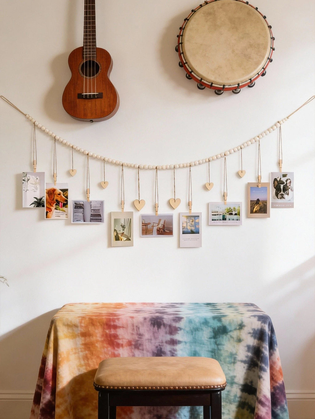 📸🤍🌿 Boho Wooden Bead Photo Garland – Heart Clip Wall Hanging Picture Display