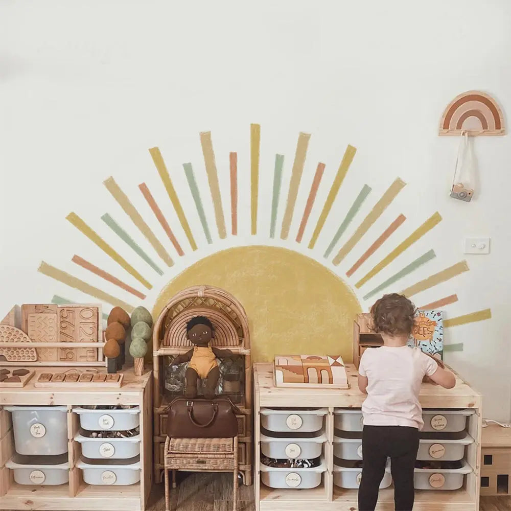 ☀️🌿🤍 Boho Half Sun Wall Decal – Peel & Stick Nursery & Bedroom Wall Art