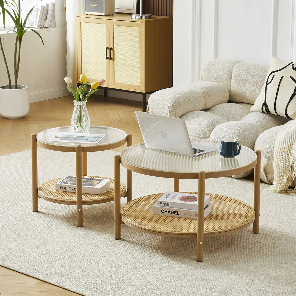 Rattan & Glass Table Set – Boho Coffee & Side Tables (Set of 2)