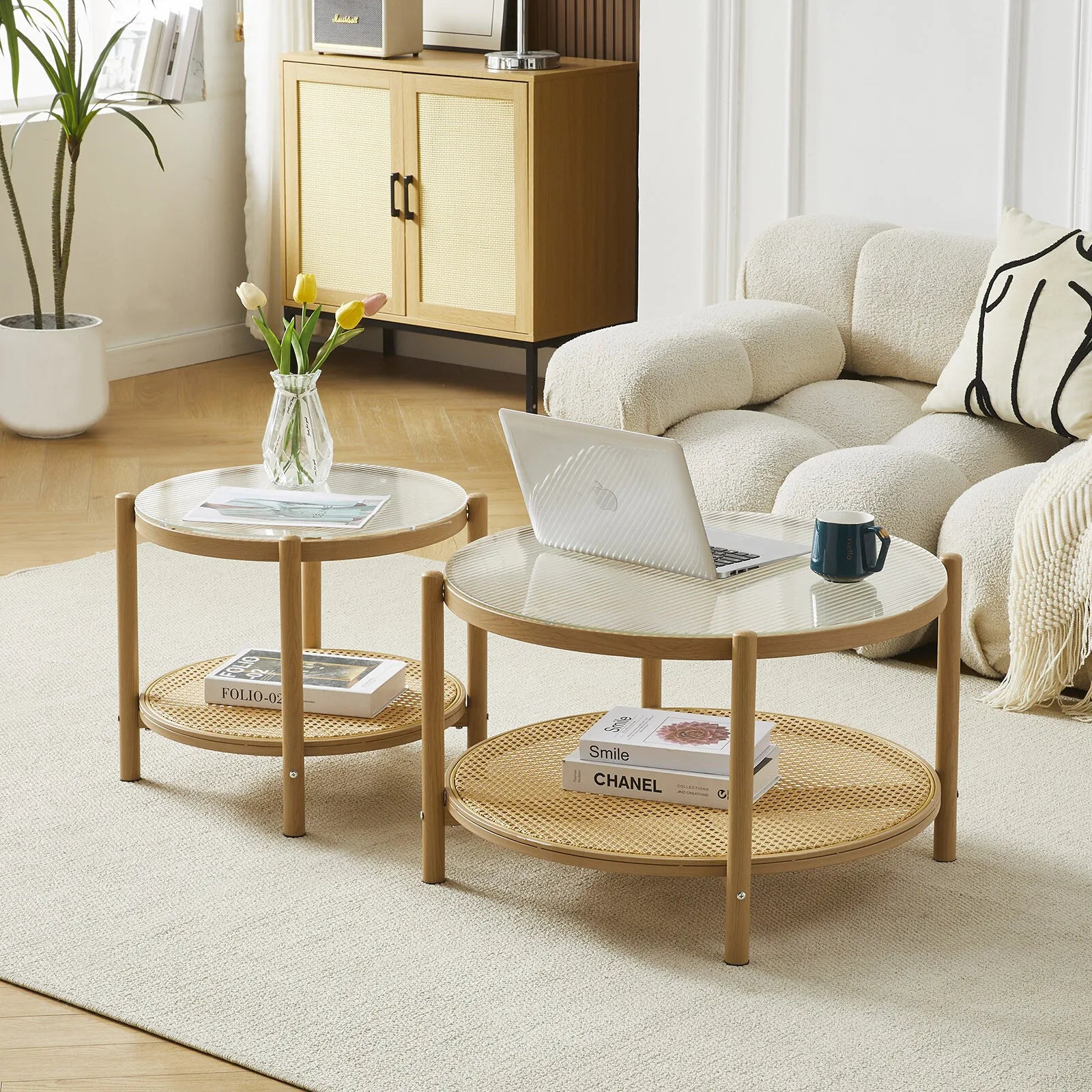 Rattan & Glass Table Set – Boho Coffee & Side Tables (Set of 2)