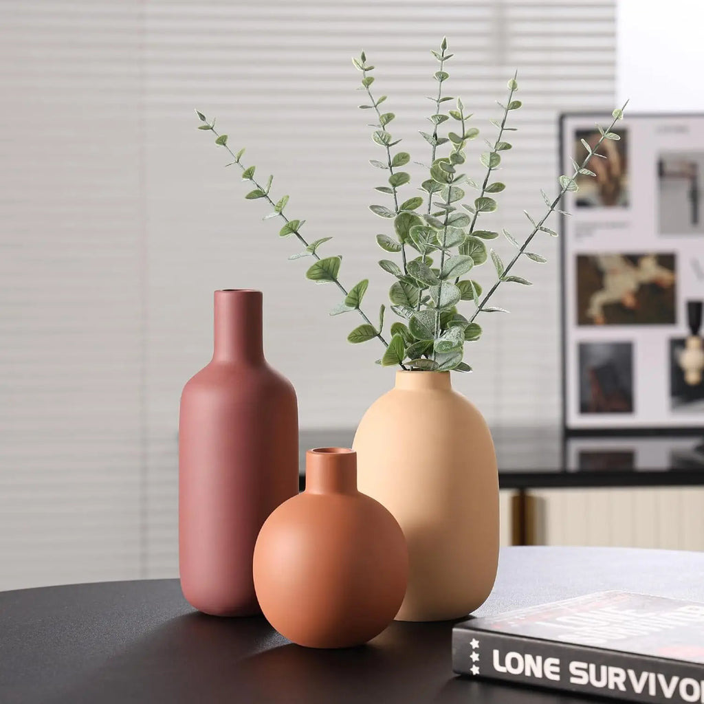 Boho Terracotta Vase Set – 3-Piece Ceramic Decorative Vases for Modern Farmhouse Home Décor