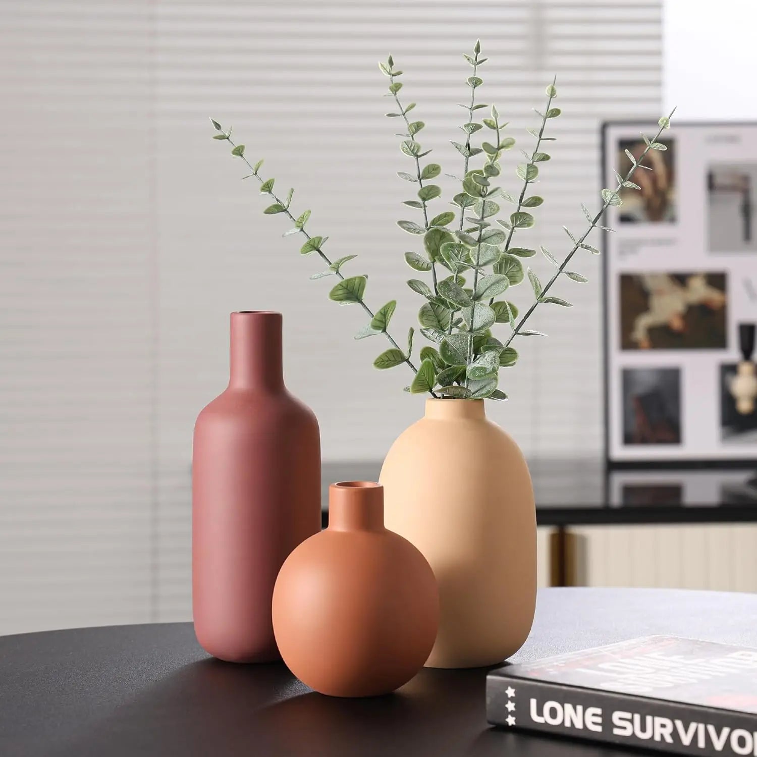 Boho Terracotta Vase Set – 3-Piece Ceramic Decorative Vases for Modern Farmhouse Home Décor